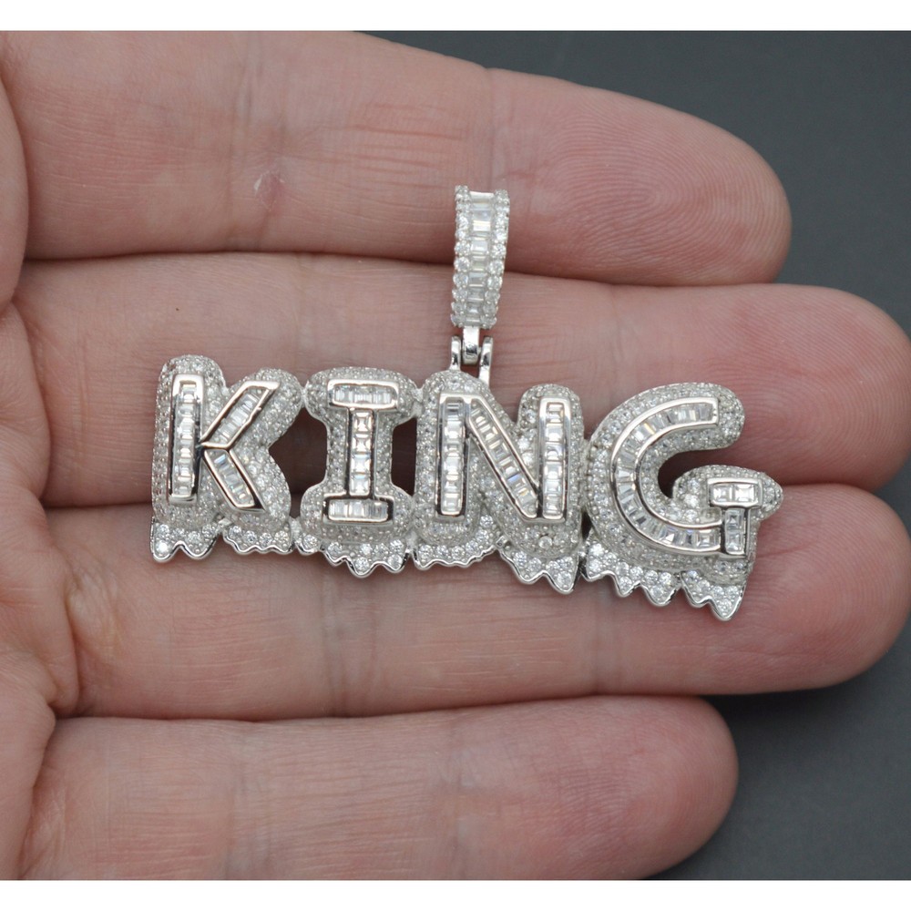 Real 925 Sterling Silver Solid CZ King Letter Hip Hop Pendant 16.9 Grams